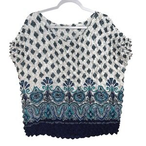 P.C Womens Blue White Paisley Popcorn Scrunch Crinkle Stretchy V-Neck Top OS